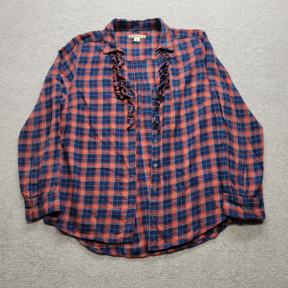 Vintage Ruff Hewn Womens Large Plaid Flannel Shirt Ruffle Button Up Orange Blue